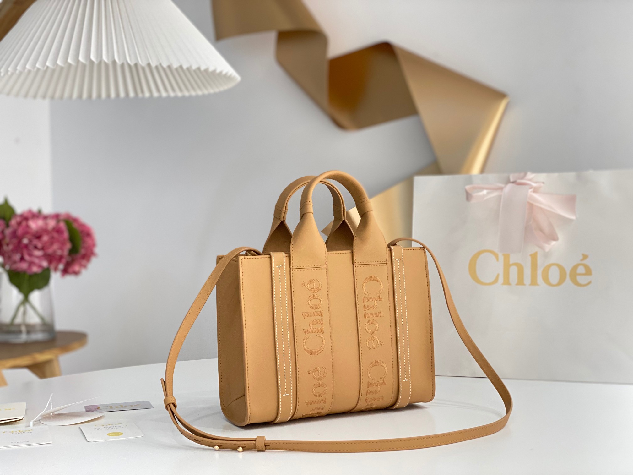 Chloe Small Woody Tote Bag In Milky Brown Soft Smooth Calfskin Leather